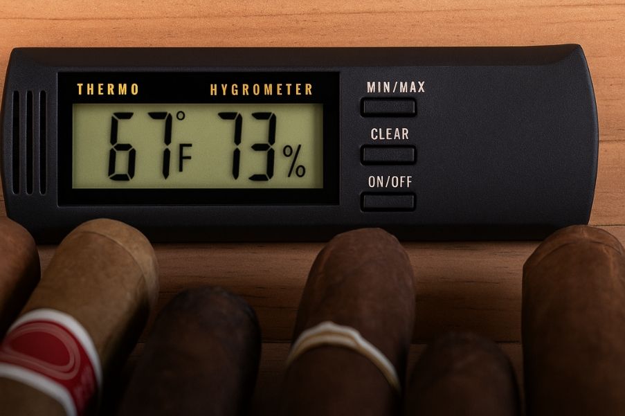 Digital thermo-hygrometer displaying 67°F and 73% humidity, placed on wood next to premium cigars